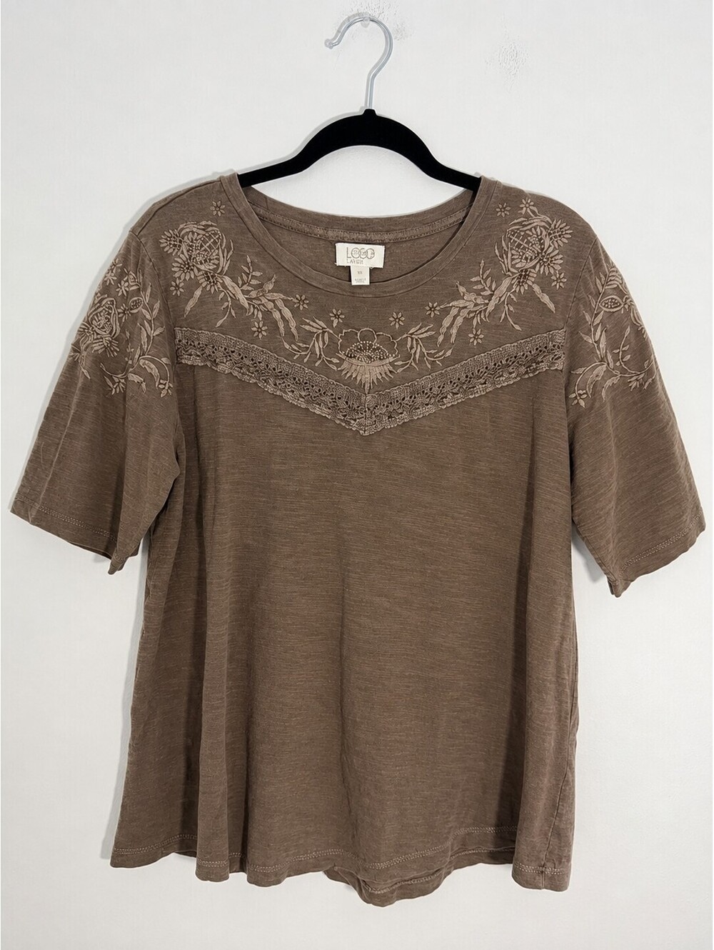 LOGO Layers Embroidered Floral Lace Trim Cotton Boho Top Brown XS